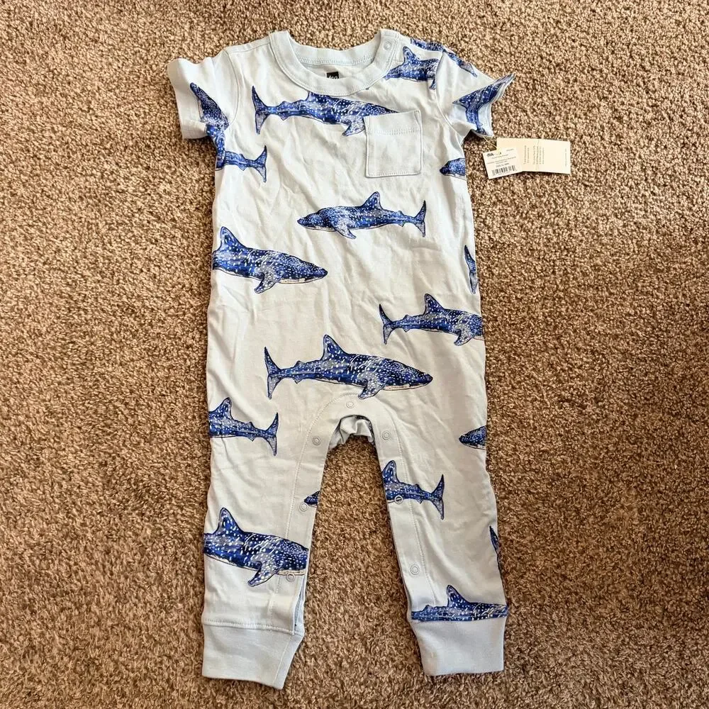 Jack and Emmy Tea Collection Shark Romper One Piece Blue NWT 12-18 Months